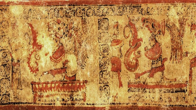 Decoration on one of the two ceramic vessels found in a non-royal elite tomb at the Maya site of El Palmar depicts seated figures wearing elaborate headdresses performing a fire ritual. (Kenichiro Tsukamoto)