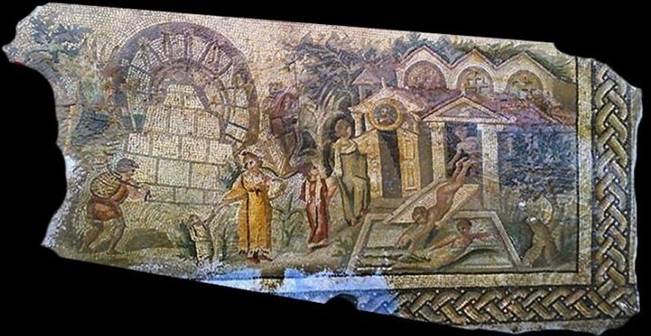 The Apamea mosaic in Syria was stolen during illegal excavations in 2011 and is currently being sought by Interpol. It is the oldest representation of the water wheel today (Noria), dating from the 4th century AD and is about C. 150 years older than previously thought, also found in Apamea; author unknown, dgma.