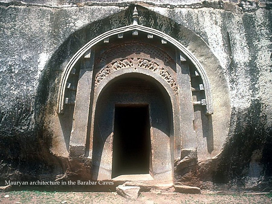 Mauryan architecture in the Barabar Mounts. Grotto of Lomas Rishi. 3rd century BCE. Image: Wikipedia