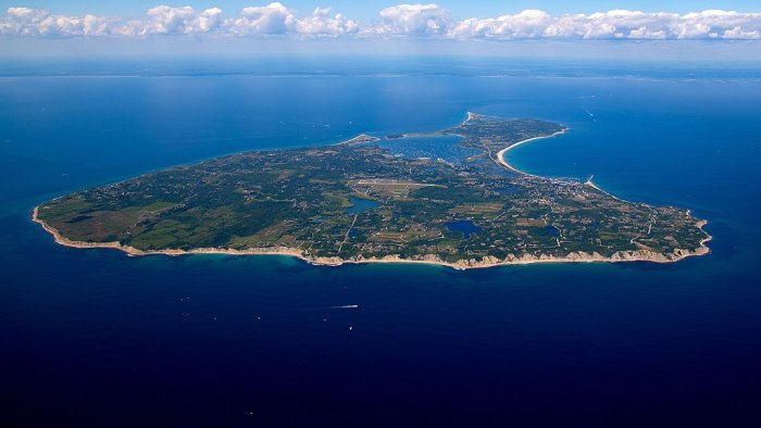 Block Island looking North over Block Island Sound; the coast of Rhode Island is seen in the distance.