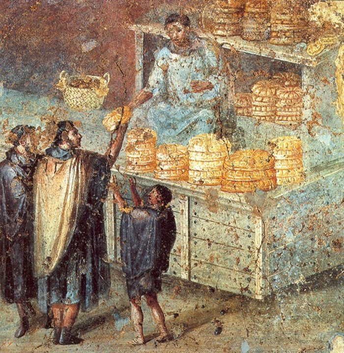 Sale of bread at a market stall. Roman fresco from the Praedia of Julia Felix in Pompeii. 