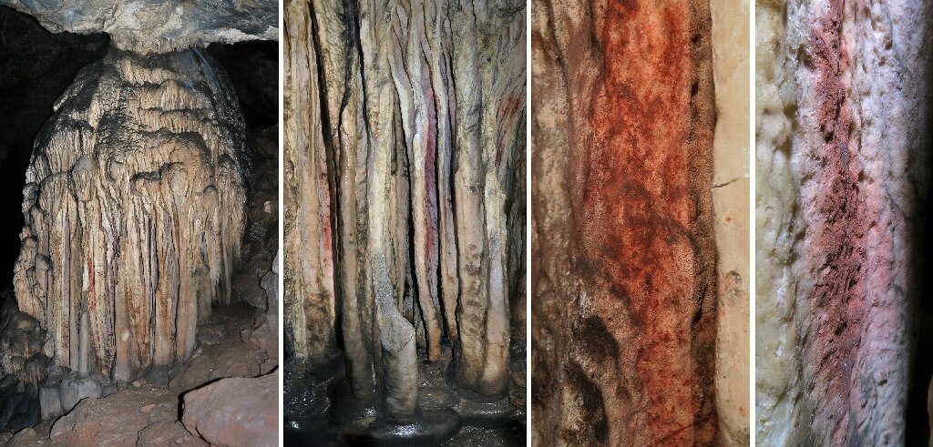 This combination of pictures obtained on July 29, 2021, shows a general view and close-up of a partly coloured stalagmite tower in the Spanish cave of Ardales, southern Spain.