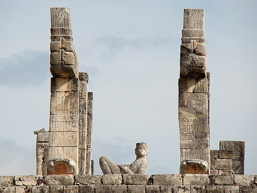 Chuck-Mool. Statue at the top of the Temple of Warriors of the Chichen Itza complex