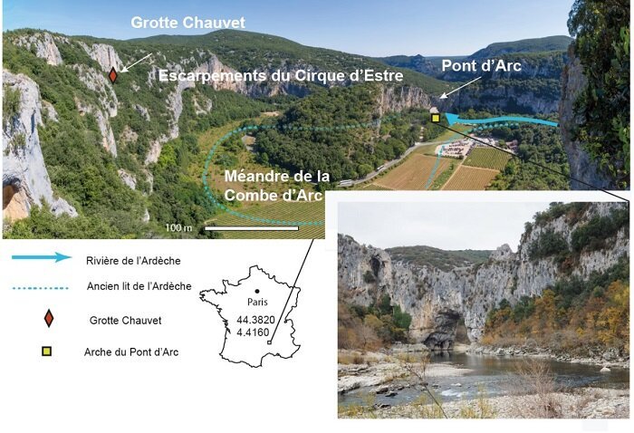 The Cirque d’Estre shapes the natural setting of the Chauvet Cave and the Pont d’Arc. The upper pH๏τograph shows the Combe d’Arc, an old meander later cutoff by the Ardèche River. Credit: Jean-Jacques Delannoy and Stéphane Jaillet