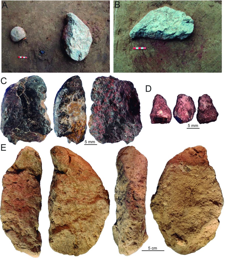 Ochre pieces and stone processing equipment laying on a red-stained pigment patch. © Fa-Gang Wang, Francesco d’Errico / Wang et al., Innovative ochre processing and tool-use in China 40,000 years ago. Nature. 2022