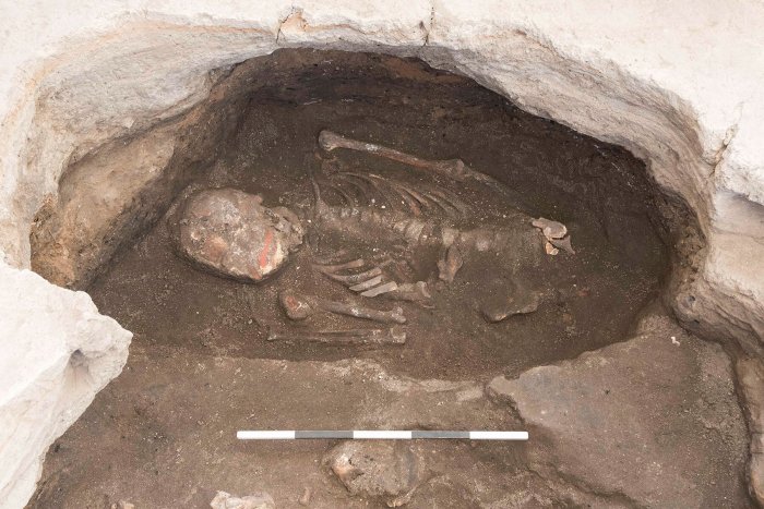 Skeleton of a male individual aged between 35 and 50 years old with cinnabar painting on the cranium. Credit: Marco Milell