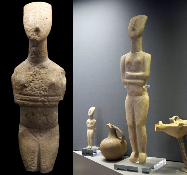  Left: Feminine figure-Ma 5010. Collection: Louvre Museum; Artist: Goulandris Master Image credit: Rama - CC BY-SA 3.0 FR Right: Showcase idols and vessels. EC II. From the Spedos cemetery on Naxos. National Archaeological Museum in Athens. Image credit: Zde - CC BY-SA 3.0