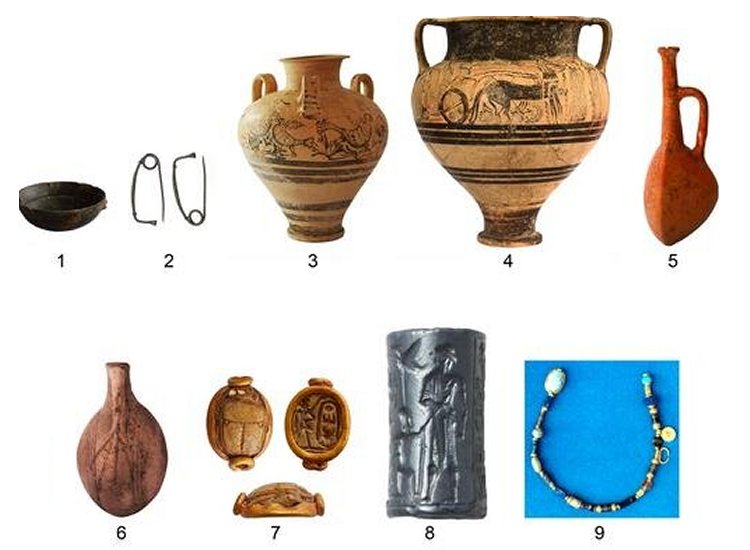 Imported goods from Sardinia (1), Italy (2), Crete (3), Greece (4), Türkiye (5), Israel (6), Egypt (7), Iraq (8), necklace with beads and a scarab (Ramesses II) from Egypt, Afghanistan and India (9) have all been found in Hala Sultan Tekke. Credit: University of Gothenburg