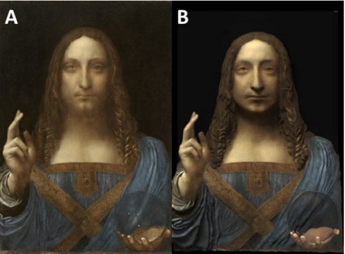 The Salvator Mundi (public domain image). (B) A PBR rendering of the Salvator Mundi using a hollow orb. Credit: Laing et al., arXiv.org, 2019