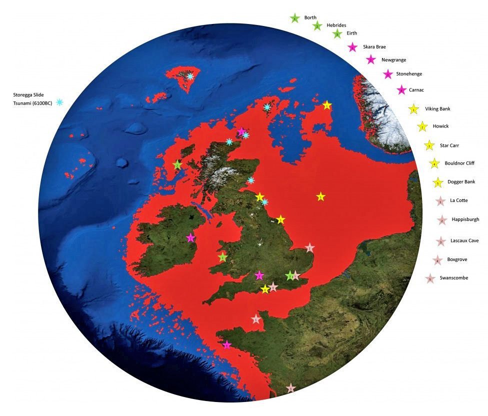 A map of the UK with Doggerland marked as red.