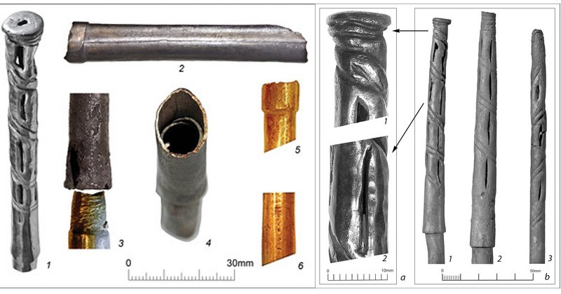 Left: The design of the ‘sceptre’ components from the Maikop kurgan: 1) one of eight silver perforated tips; 2) joint between two segments of the silver tube, and longitudinal seam; 3–5) types of fittings; 6) probable soldered longitudinal seam (pH๏τographs by V. Trifonov).; Right: Three of eight silver perforated silver tips from the Maikop kurgan: a) enlarged images of the design and slits; b) the silver tips in their original position (pH๏τographs a1–2 by V. Trifonov; b1–3 courtesy of the Insтιтute for the History of Material Culture, Russian Academy of Sciences, St Petersburg, Russia).