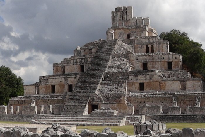 Panorama of Central Plaza with Acropolis - Edzna Archaeological Site - Campeche State - Mexico - 03