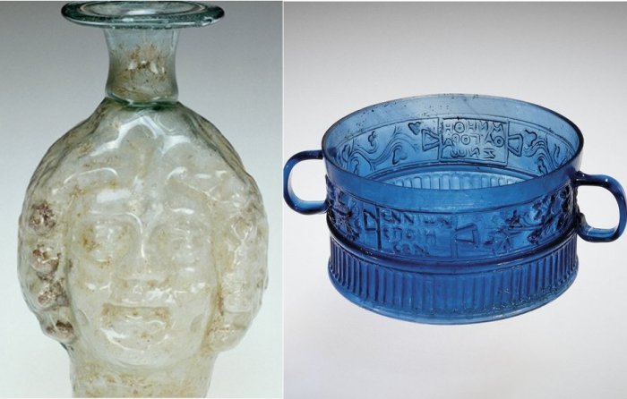 Left: Double Head Flask, Roman Empire; probably Eastern Mediterranean, 200-225. 50.1.15. The Corning Museum of Glᴀss, Corning, New York. Right: Cup, Ennion, Syria; Palestine; Northern Italy, 25-75. 66.1.36. The Corning Museum of Glᴀss, Corning, New York.