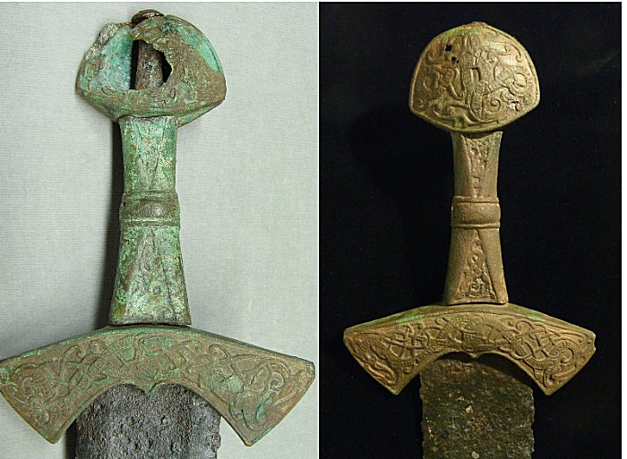 Double-edged iron sword, bronze handle. The tip of the sword is corroded by rust, so the preserve has apparently been slightly longer at first. It is 6 cm wide at the handle end and tapers towards the tip. The bronze handle of the sword has a unique shape. In a flat, slightly convex side pony, the upper edge is strongly curved, the lower edge is more gentle. It is 6.3 cm wide and 5.0 cm high. The handle's 8.1 cm long handle is triangular, widening at the ends. In the middle is a convex, belt-like thickening, equipped with embossed edges. The dodge, length 12.9 cm, is convex-sided like a pony.