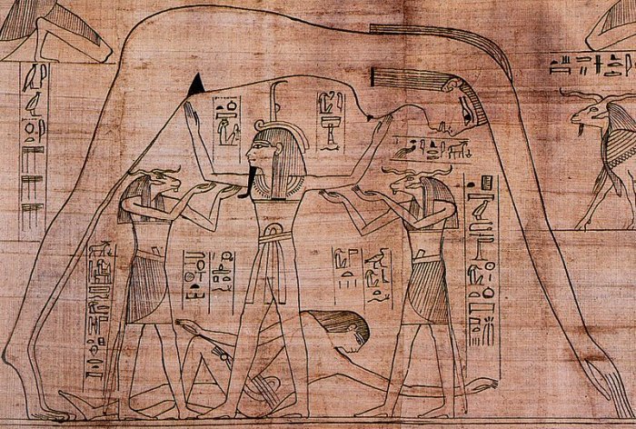 Detail from the Greenfield Papyrus (the Book of the ᴅᴇᴀᴅ of Nesitanebtashru). It depicts the air god Shu, ᴀssisted by the ram-headed Heh deities, supporting the sky goddess Nut as the earth god Geb reclines beneath. Credit: Public Domain