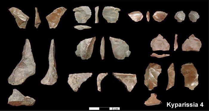 In this undated pH๏τo provided by the Greek Culture Ministry, on Thursday, June 1, 2023 shows stone tools dated about 700,000 years ago. The Culture Ministry said that a five-year international project in Megalopolis, southern Greece, has uncovered the oldest-known archaeological site in the country, pushing back the dawn of Greek archaeology by up to 250,000 years. Credit: Greek Culture Ministry