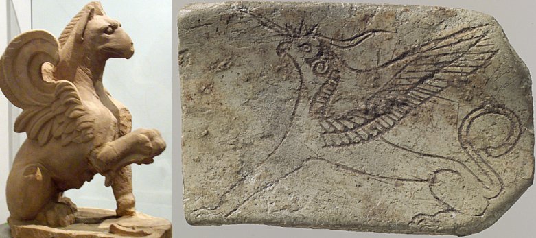 Left: Saqqara, Alexandria National Museum; Right: Furniture plaque: incised griffin, ca. 18th century BC Old ᴀssyrian Trading Colony