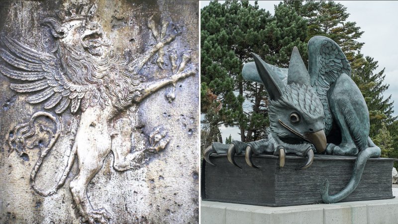  Left: Griffin segreant wearing the mural crown of Perugia, 13th century; Right: The Gryphon is the emblem and mascot of the University of Guelph 