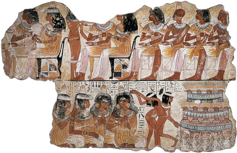 Banquet scene from the tomb chapel of Nebamun, 14th century BC. Its imagery of music and dancing alludes to Hathor