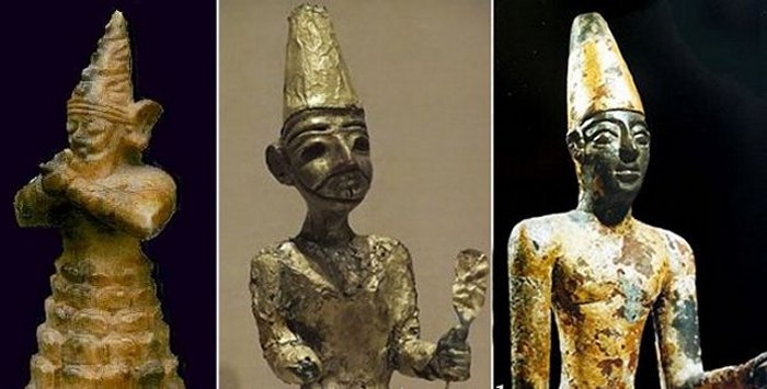 Left: Hitтιтe figure of Baal: Canaanite God El - Megiddo, Modern Israel, c.1400 BC; Right: Phoenician deity Reshep, Byblos, 19th-18 century B