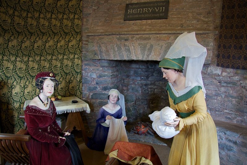 A display depicting the birth of Henry VII of England in the castle