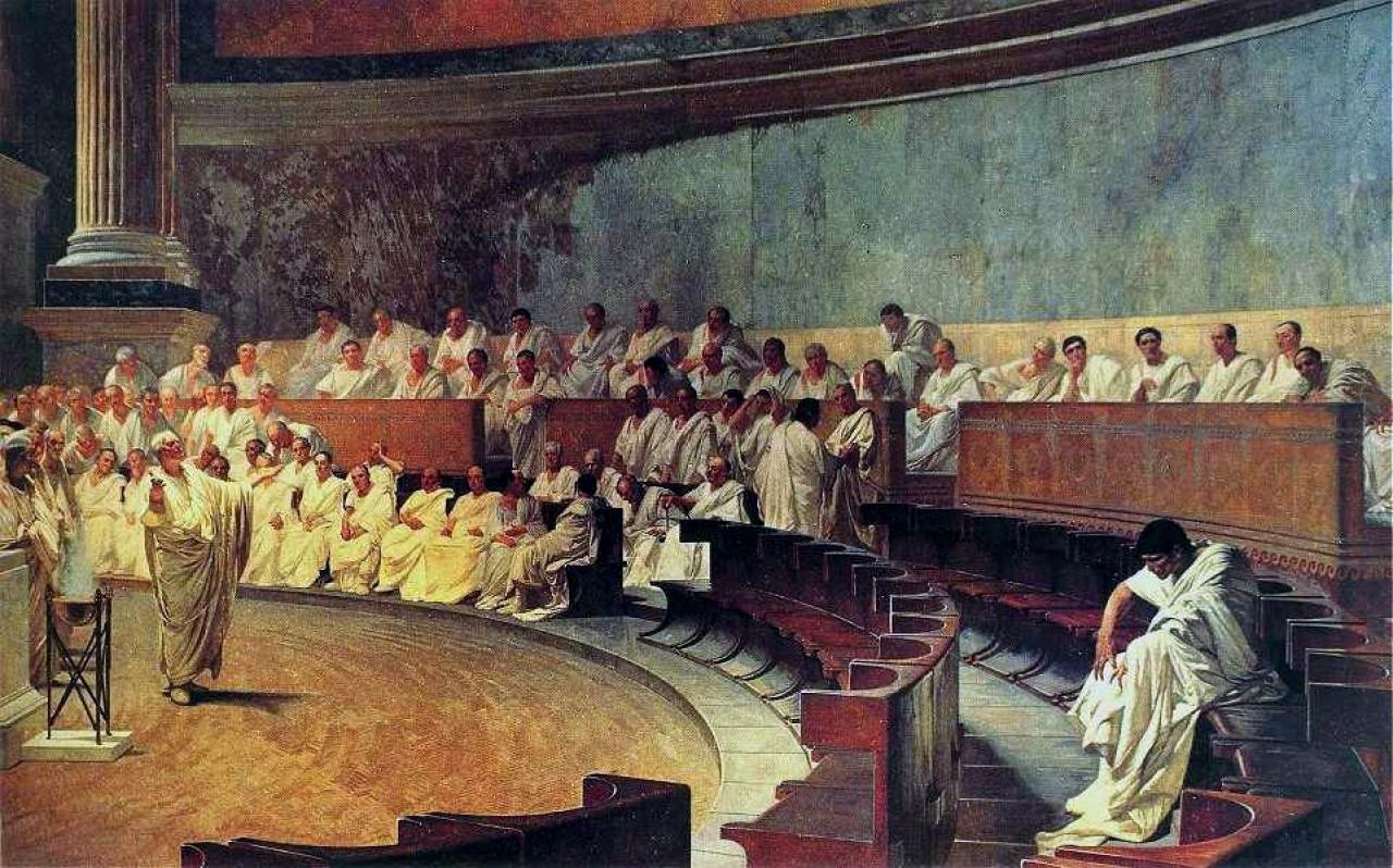 Representation of a sitting of the Roman senate: Cicero attacks Catiline, from a 19th-century fresco in Palazzo Madama, Rome, house of the Italian Senate. Credits: Wikipedia