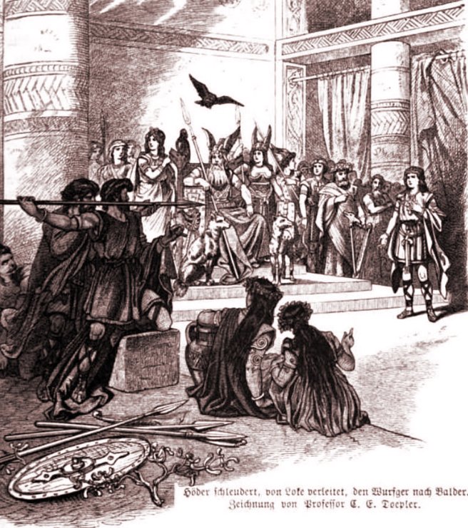 Guided by Loki, Hoder shoots the mistletoe at Baldr. Carl Emil Doepler (1824-1905) - Wägner, Wilhelm. 1882. Nordisch-germanische Götter und Helden. Otto Spamer, Leipzig & Berlin. Page 289. via Wikipedia