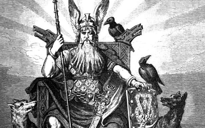 Odin enthroned and holding his spear Gungnir, flanked by his ravens Huginn and Muninn and wolves Geri and Freki (1882) by Carl Emil Doepler