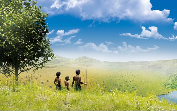 Artist illustration of hominins arriving in a multi-biome mosaic landscape. Such environments were greatly preferred by early humans, according to a new study published in the journal Science by a team of scientists from South Korea and Italy (Copyright, IBS Center for Climate Physics). Credit: Insтιтute for Basic Science