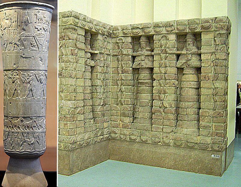  Left: Devotional scene to Inanna, Warka Vase, c. 3200–3000 BC, Uruk. This is one of the earliest surviving works of narrative relief sculpture.Right: Part the front of the Inanna temple of the Kara Indasch from Uruk.