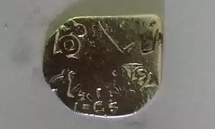 The coin has the figures of the sun, the moon, a bull and a dog on one (front) side and a half circle and a sign -- which looks like the Tamil Tamil letter 'Ta’ – on the other.