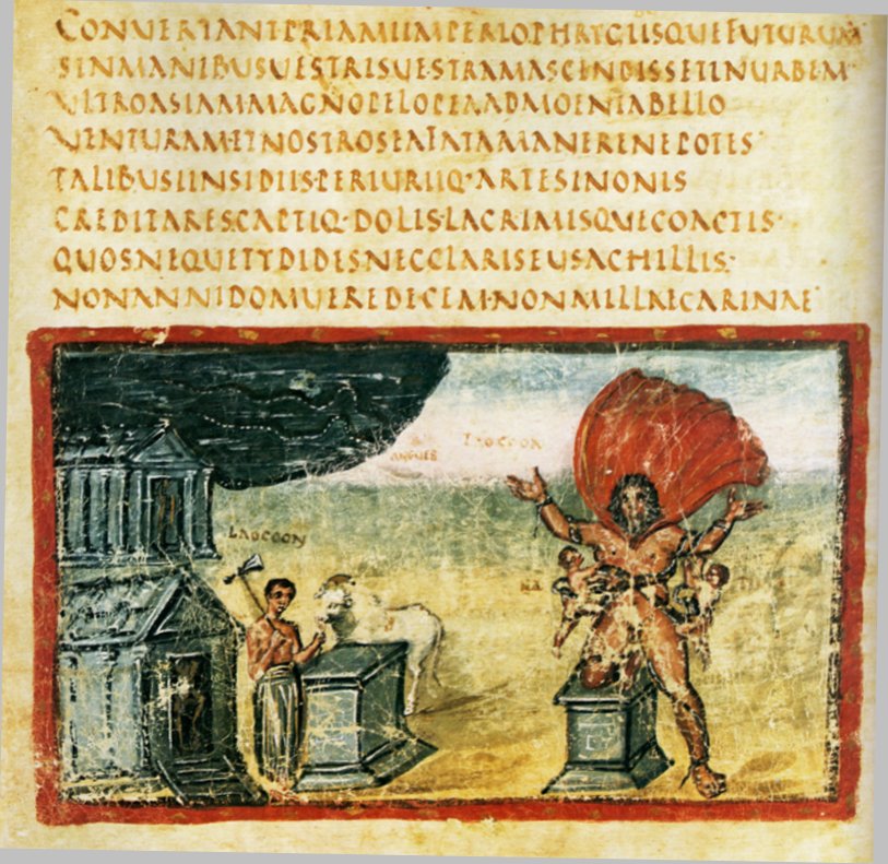 Death of Laocoön from the Vatican Vergil. Scanned by David Stapleton (Dsmdgold). Artist Unknown - Vatican Vergil (Vatican, Biblioteca Apostolica, Cod. Vat. lat. 3225) Folio 18v. Public Domain