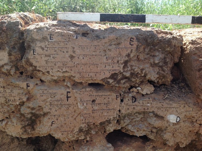 Burnt mud brick wall from Tel Batash (Biblical Timnah) with markings of the field orientation. Image credit: Yoav Vaknin.