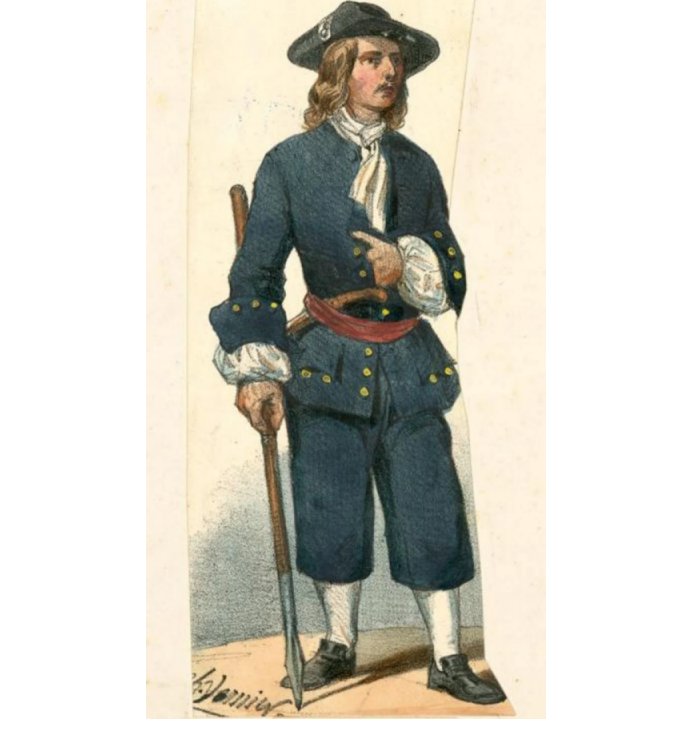  A French sailor of the period 1680-1760, from Costumes L'armee francaise depuis Louis XIV jusqu'a ce jour (Paris, 1846)