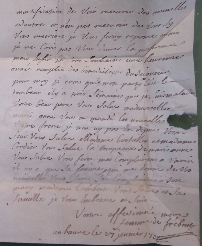 lovelettersfrenh13.jpg The final page of Marguerite's 27th January 1758 letter to her son Nicolas Quesnel, in which she says 