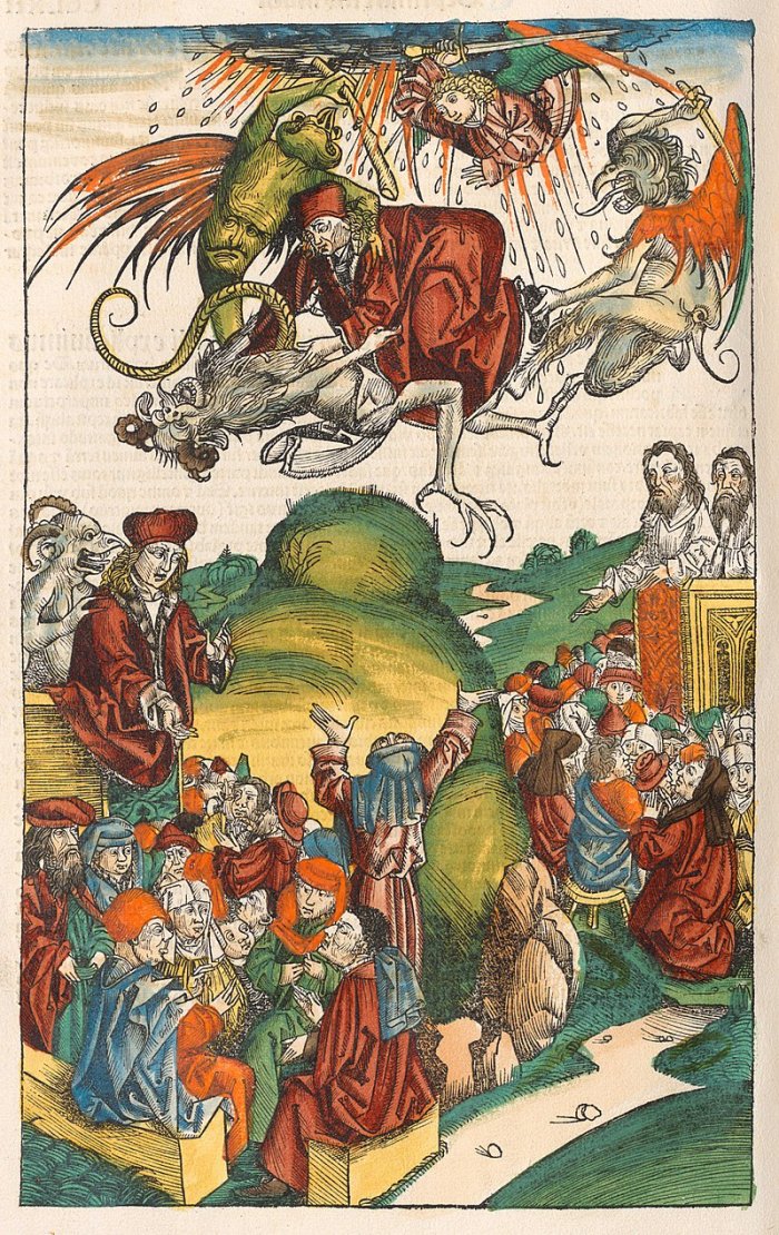 The death of Simon Magus, from the Nuremberg Chronicle. Public Domain