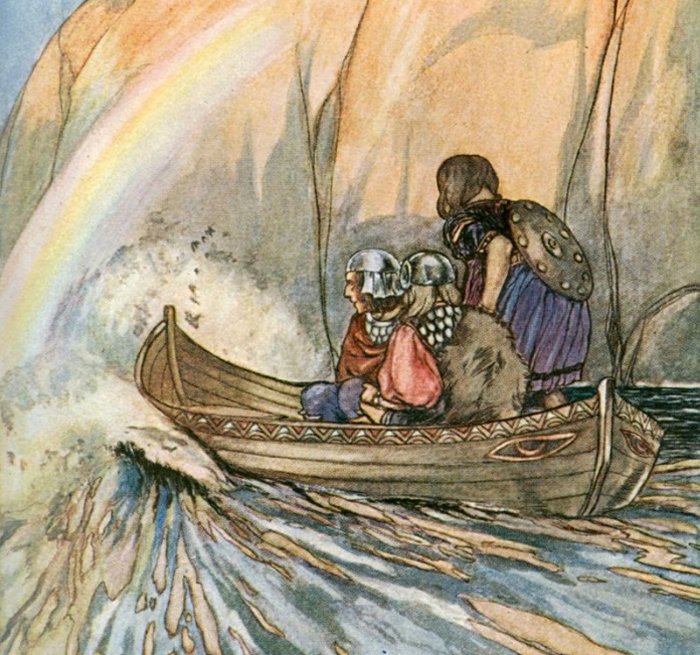 Stephen Reid's illustration - Manannán's boat – The High Deeds of Finn and other bardic romances of ancient Ireland by T. W. Rolleston. http://www.gutenberg.org/files/14749/14749-h/14749-h.htm#IL16   Public Domain