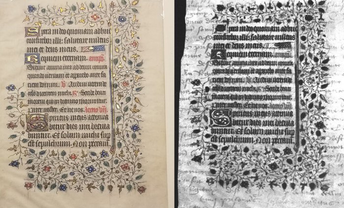 By using ultraviolet-fluorescence imaging, RIT students revealed that a 15th-century manuscript leaf held in RIT’s Cary Graphic Arts Collection was actually a palimpsest, a manuscript on parchment with multiple layers of writing. The image on the left shows the document as it appears in visible light, while the image on the right was produced by the student-built imaging system. Credit: Rochester Insтιтute of Technology