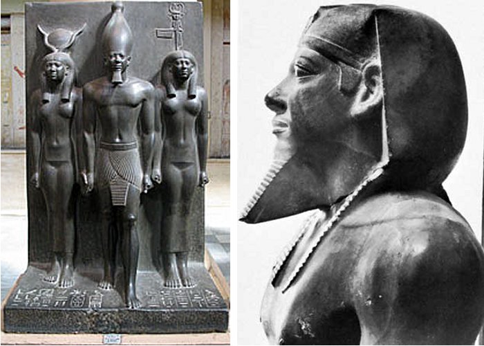 Left:Menkaure with Hathor on his right, and nome figure on his left; Right: Menkaure, detail of an alabaster statue from Giza; in the Egyptian Museum, Cairo Courtesy of the Egyptian Museum, Cairo; pH๏τograph, Hirmer Fotoarchiv, Munich