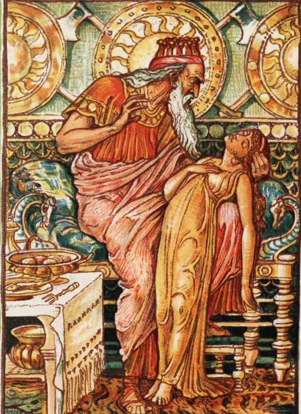 ing Midas with his daughter, from A Wonder Book for Boys and Girls by Nathaniel Hawthorne . Walter Crane - Library of Congress - Public Domain