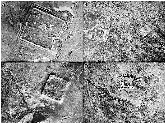 A sample of Poidebard's (Reference Poidebard1934) aerial pH๏τographs: A) fort at Qreiye; B) Roman fort and medieval caravanserai at Birke; C) fort at Tell Zenbil; and D) castellum at Tell Brak.