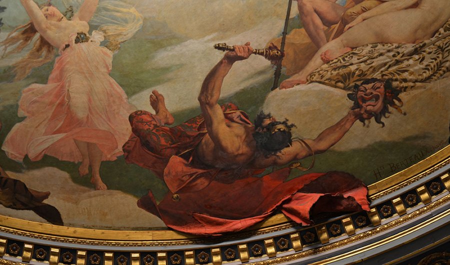  Momus, god of satire and mockery - Painting by Hippolyte Berteaux, Théâtre Graslin ceiling – Nantes. Image credit: Selbymay - CC BY-SA 3.0