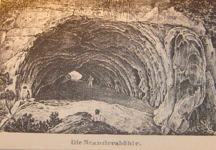 Neanderthal cave, illustration from 1835. The appearance of the valley today is altered due to lime quarrying. 