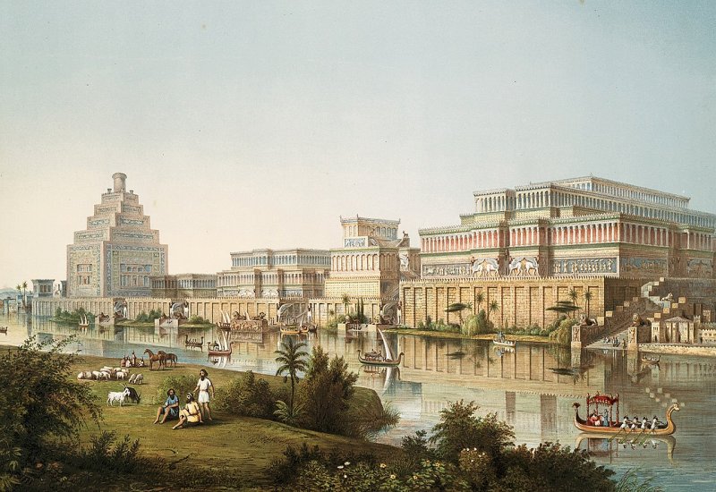 Artist's impression of ᴀssyrian palaces from The Monuments of Nineveh by Sir Austen Henry Layard, 1853. 