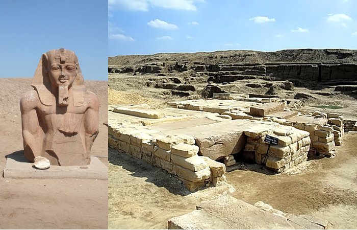 Left: Statue of Pharaoh Ramesses II at Tanis, Egypt. Credit: Einsamer Schütze - CC BY-SA 3.0 - Right: Tomb group at the Royal cemetery, view to the entrance of the tomb of Psusennes I, San el-Hagar (Tanis), Egypt. Credit: Roland Unger - CC BY-SA 3.0