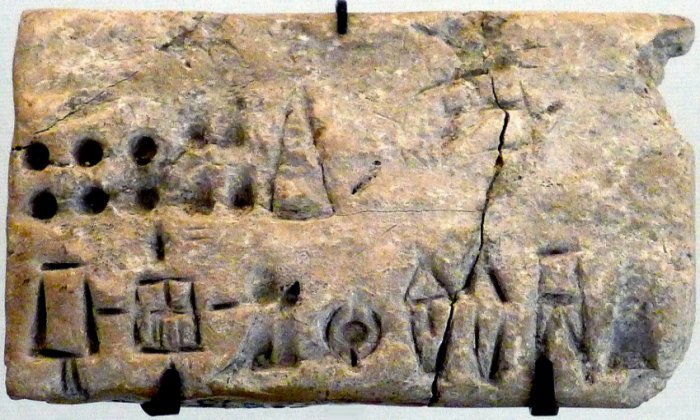  Economic tablet in Proto-Elamite, Suse III, Louvre Museum, reference Sb 15200, circa 3100-2850 BC.