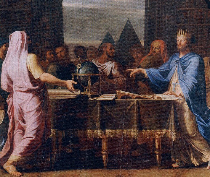 Ptolemy II Philadelphus talking with some of the 72 Jewish savants who translated the Bible for the great library of Alexandria.