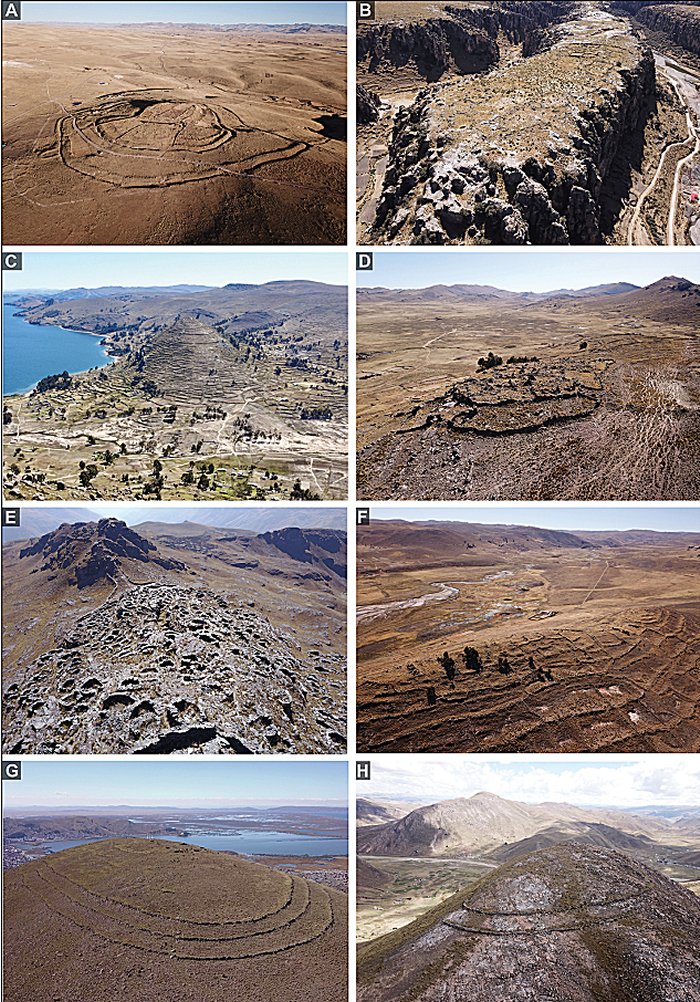 Pukaras in the survey area. Sites occupy hilltops (A, C, D, F, G, H), ridgelines (E), and high plateaus (B) with significant natural defences that include steep slopes, cliffs (B), and rock outcrops (D & E). Built defences, such as perimeter walls and ditches (A) are highly visible in satellite imagery.