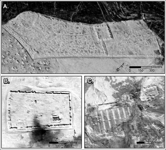 CORONA images showing major sites: A) Sura (NASA1401); B) Resafa (NASA1398); and C) Ain Sinu (CRN999) (figure by authors; CORONA imagery courtesy US Geological Survey).