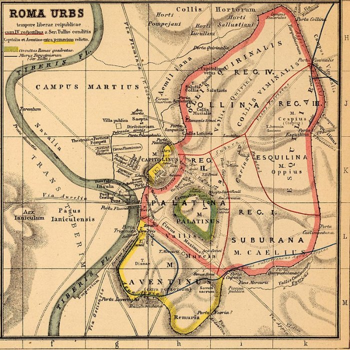 Map of Rome in the time of Augustus. The pomerium at that time is marked in pink; the Capitoline and Aventine are extra pomerium, 